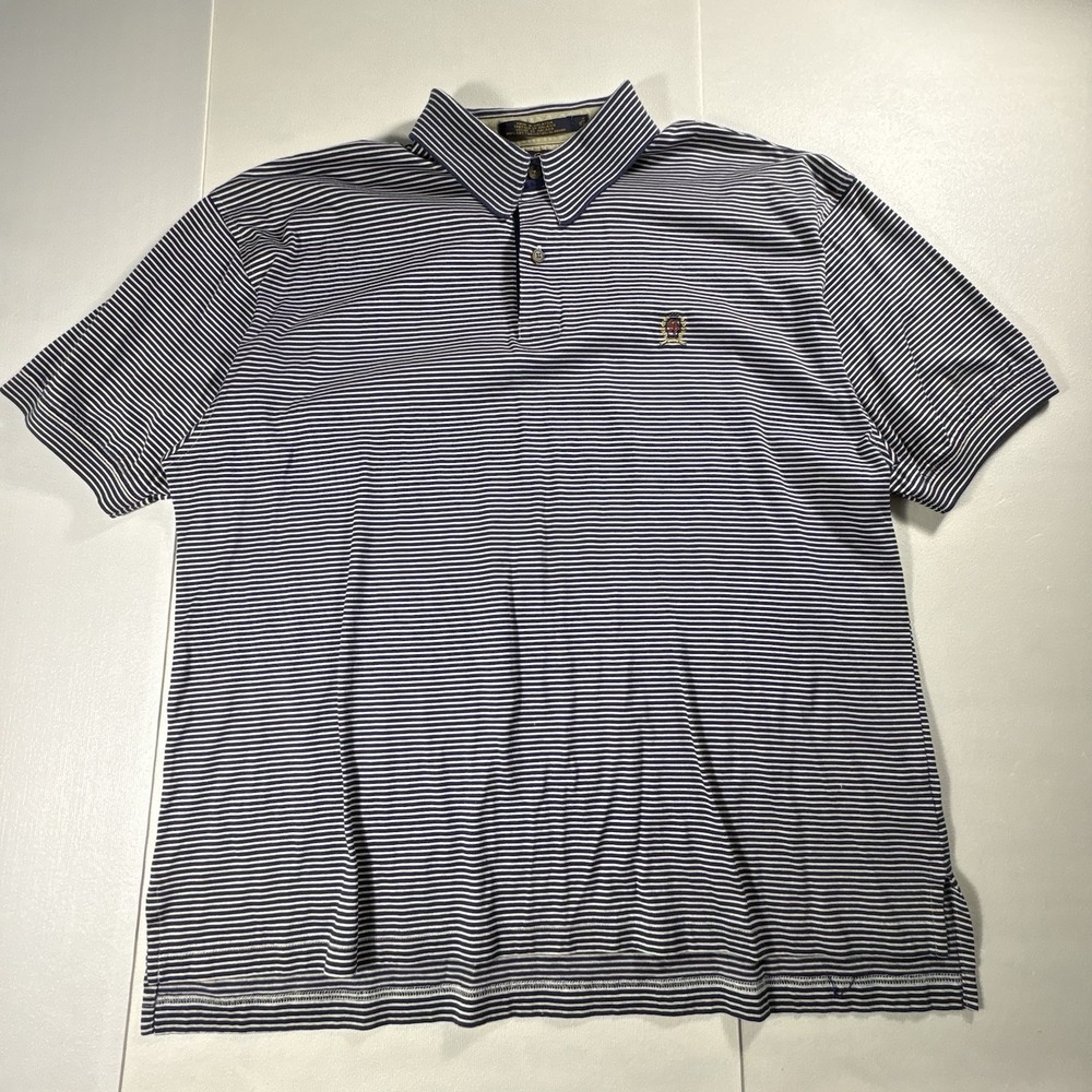 Tommy Hilfiger Men's XL Blue White Striped Crest Logo Polo Shirt Short Sleeve